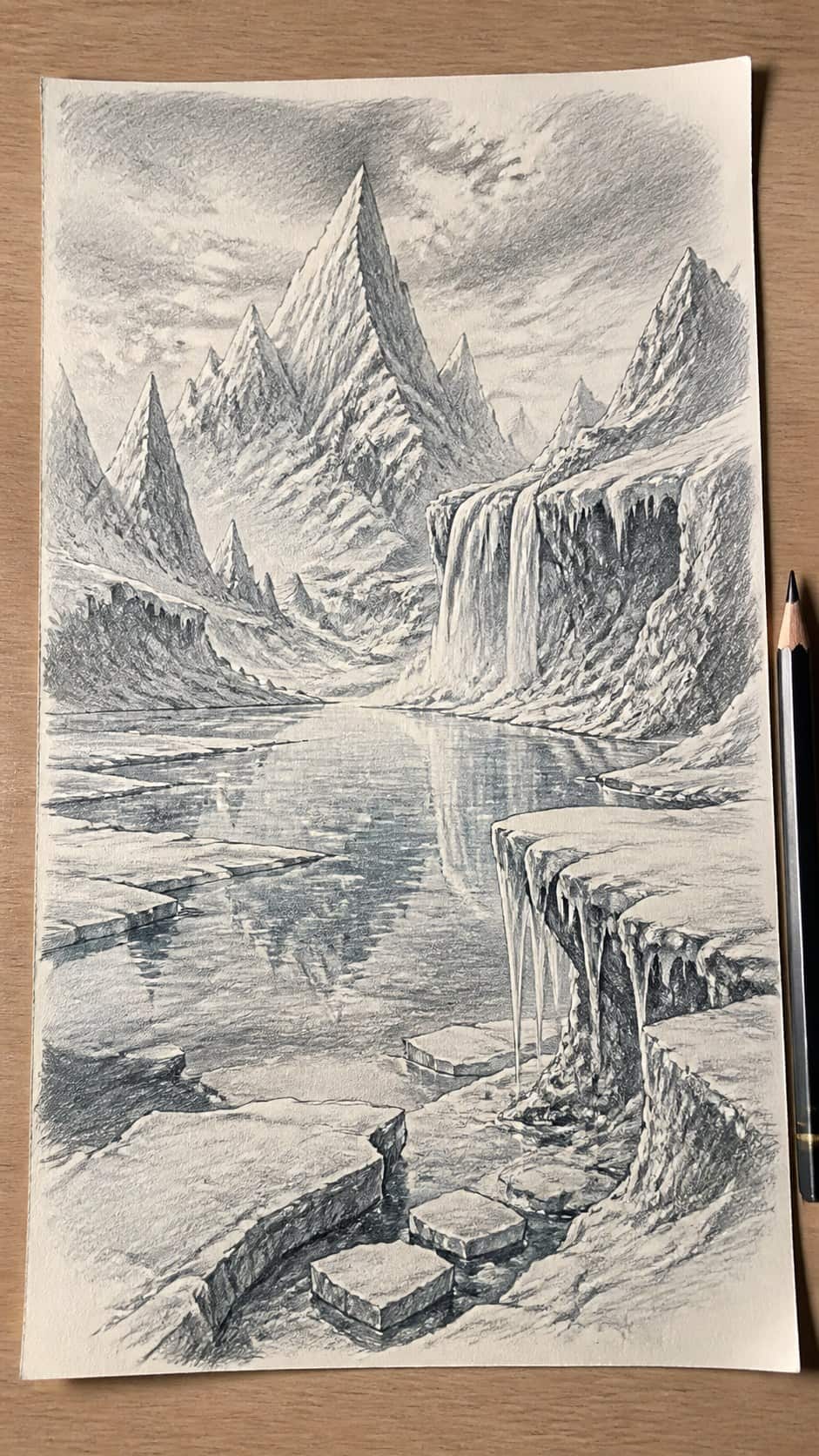 17 Nature Drawing Concepts to Inspire Your Next Sketch 37 Hand-drawn icy wonderland in graphite drawing on textured paper, shown in a straight overhead view — study 2