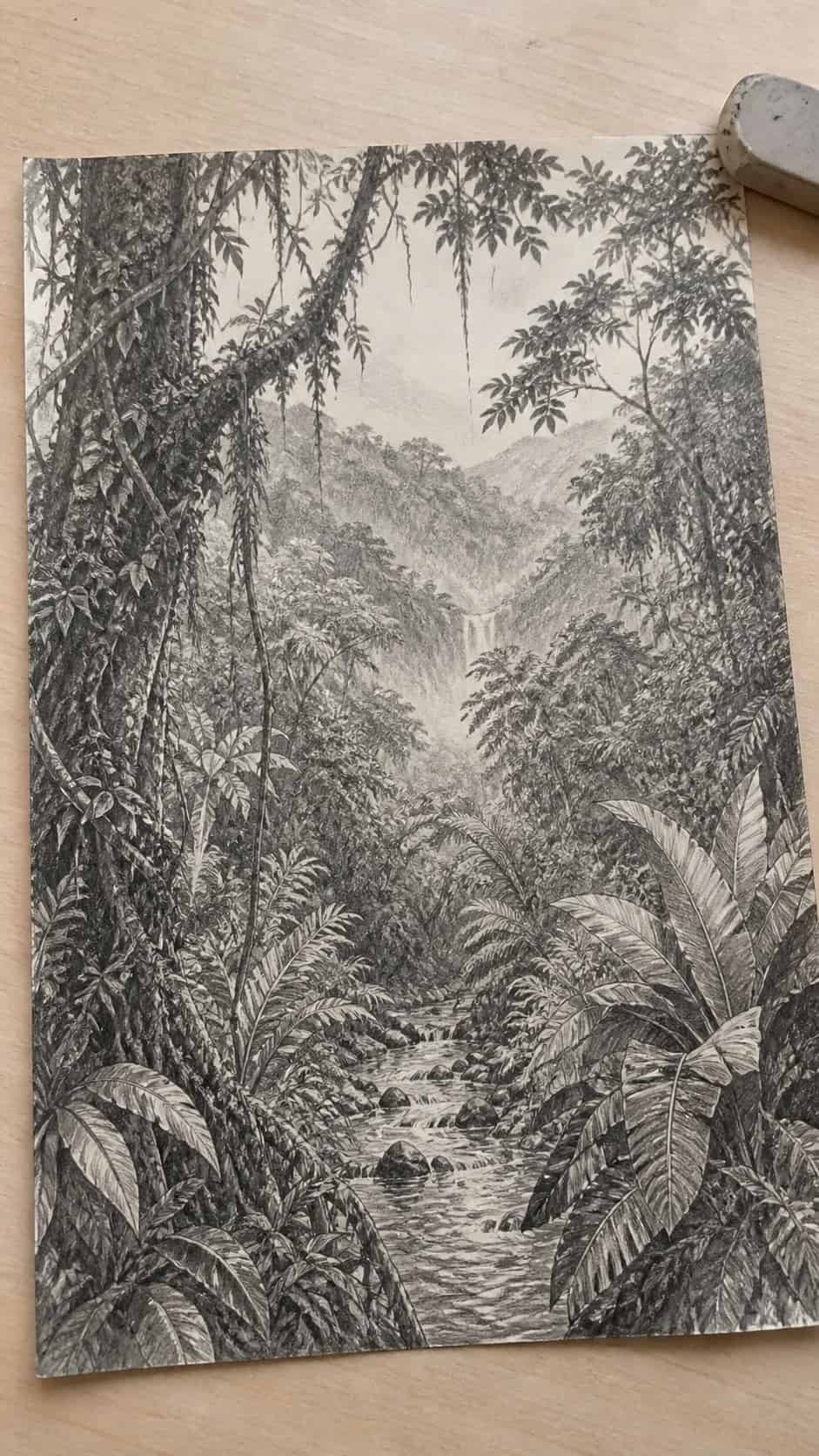 17 Nature Drawing Concepts to Inspire Your Next Sketch 38 Hand-drawn verdant rainforest in graphite drawing on textured paper, shown in a gentle oblique desk view that shows paper tooth and — study 1