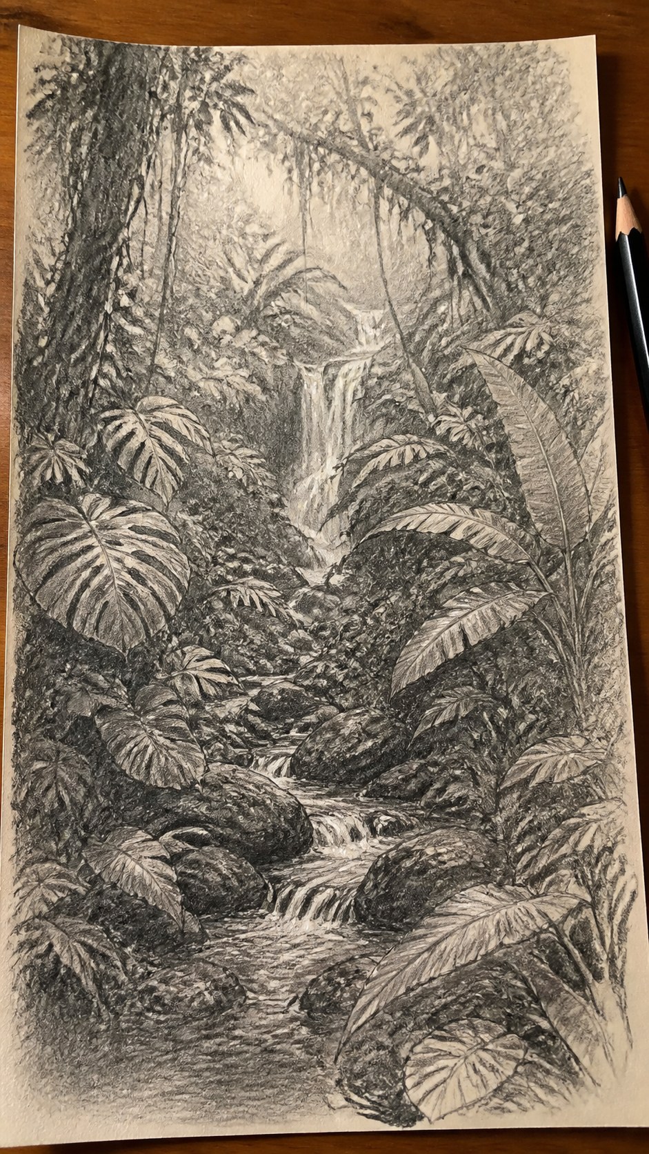 17 Nature Drawing Concepts to Inspire Your Next Sketch 40 Hand-drawn verdant rainforest in graphite drawing on textured paper, shown in a slightly off-center overhead composition, like an — study 3