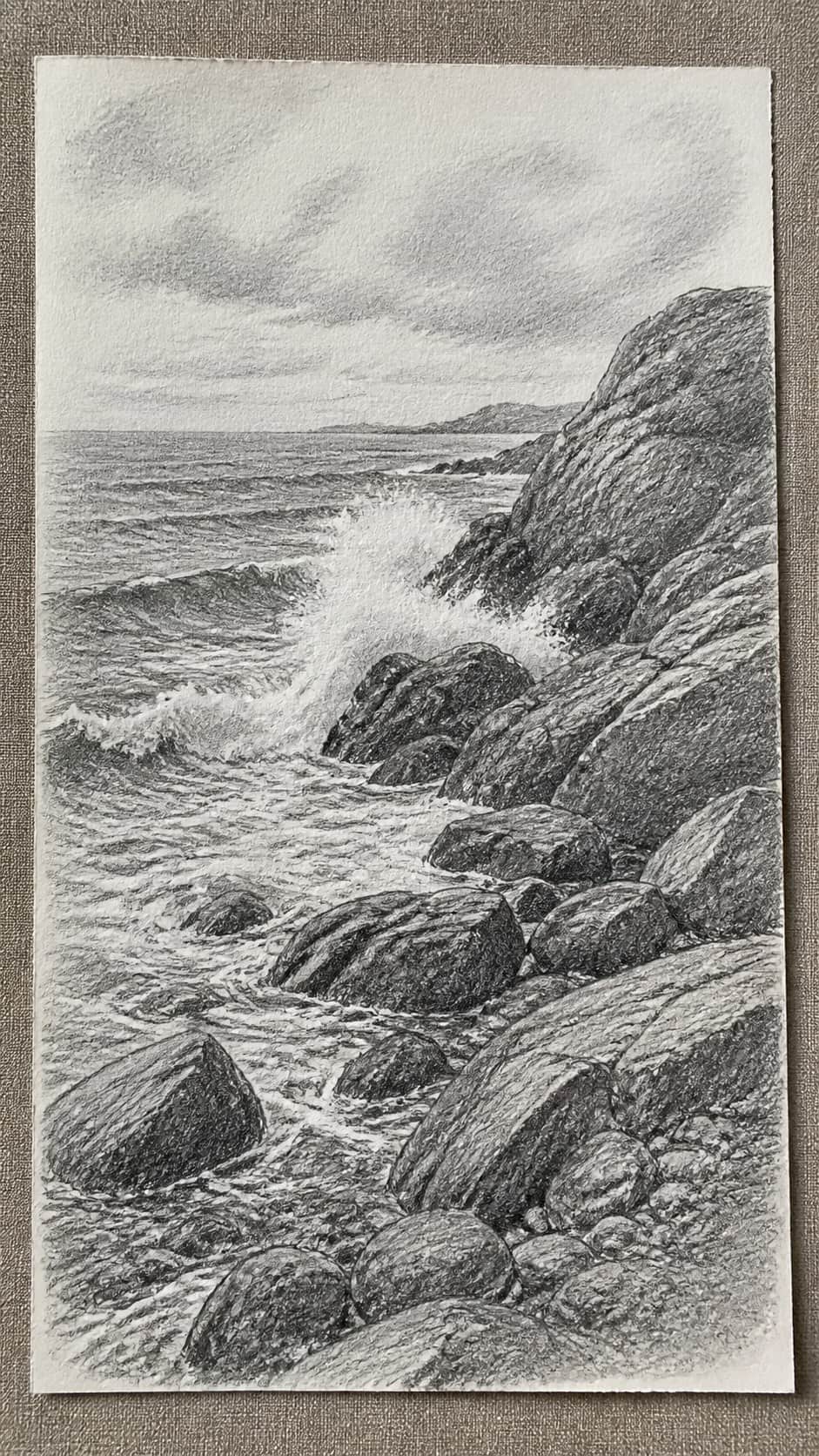 17 Nature Drawing Concepts to Inspire Your Next Sketch 42 Hand-drawn rocky shoreline in graphite drawing on textured paper, shown in a straight overhead view — study 2