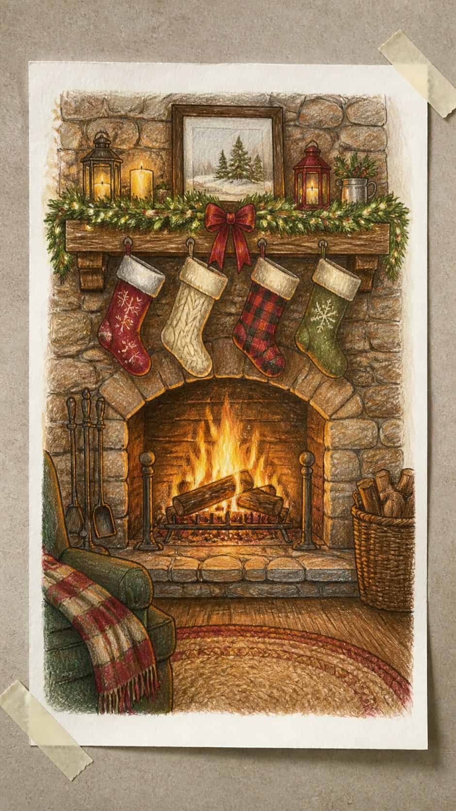 Hand-drawn cozy fireplace with stockings in colored-pencil and gouache drawing on textured paper, shown in a straight overhead view — study 1