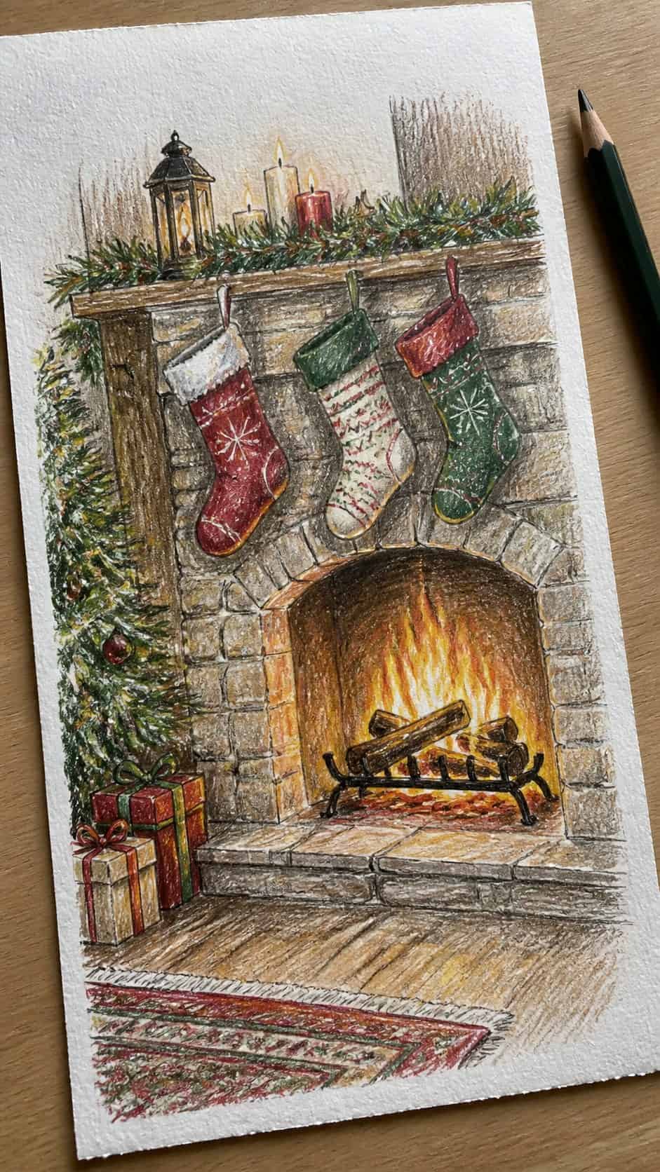 Hand-drawn cozy fireplace with stockings in colored-pencil and gouache drawing on textured paper, shown in a gentle oblique desk view — study 2