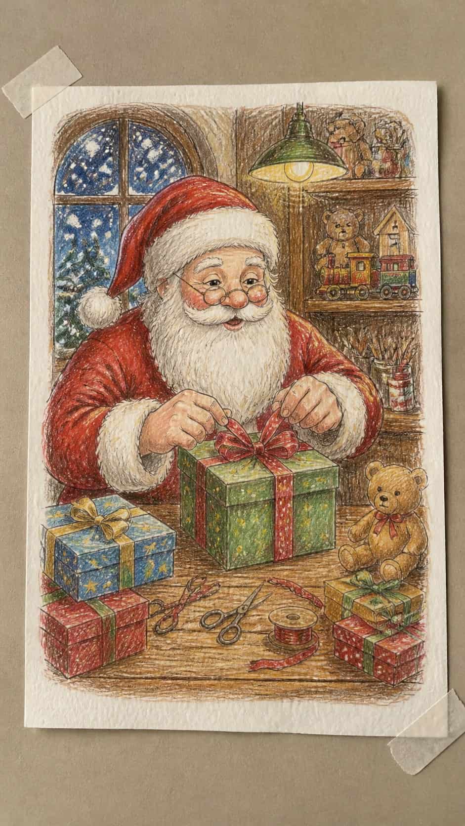 Hand-drawn jolly santa preparing gifts in colored-pencil and gouache drawing on textured paper, shown in a straight overhead view — study 3
