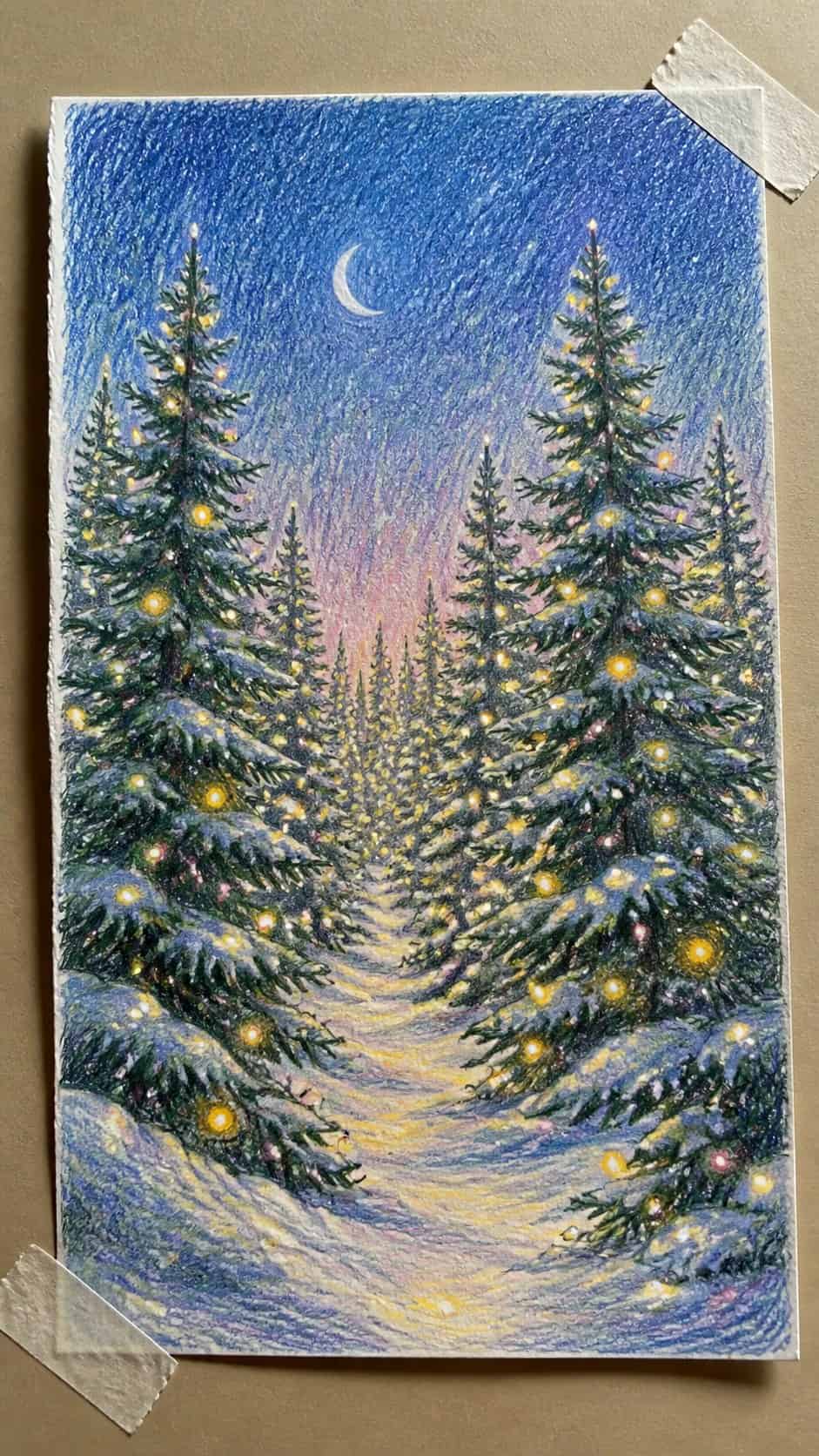 Hand-drawn twinkling christmas tree forest in colored-pencil and gouache drawing on textured paper, shown in a close overhead crop — study 1