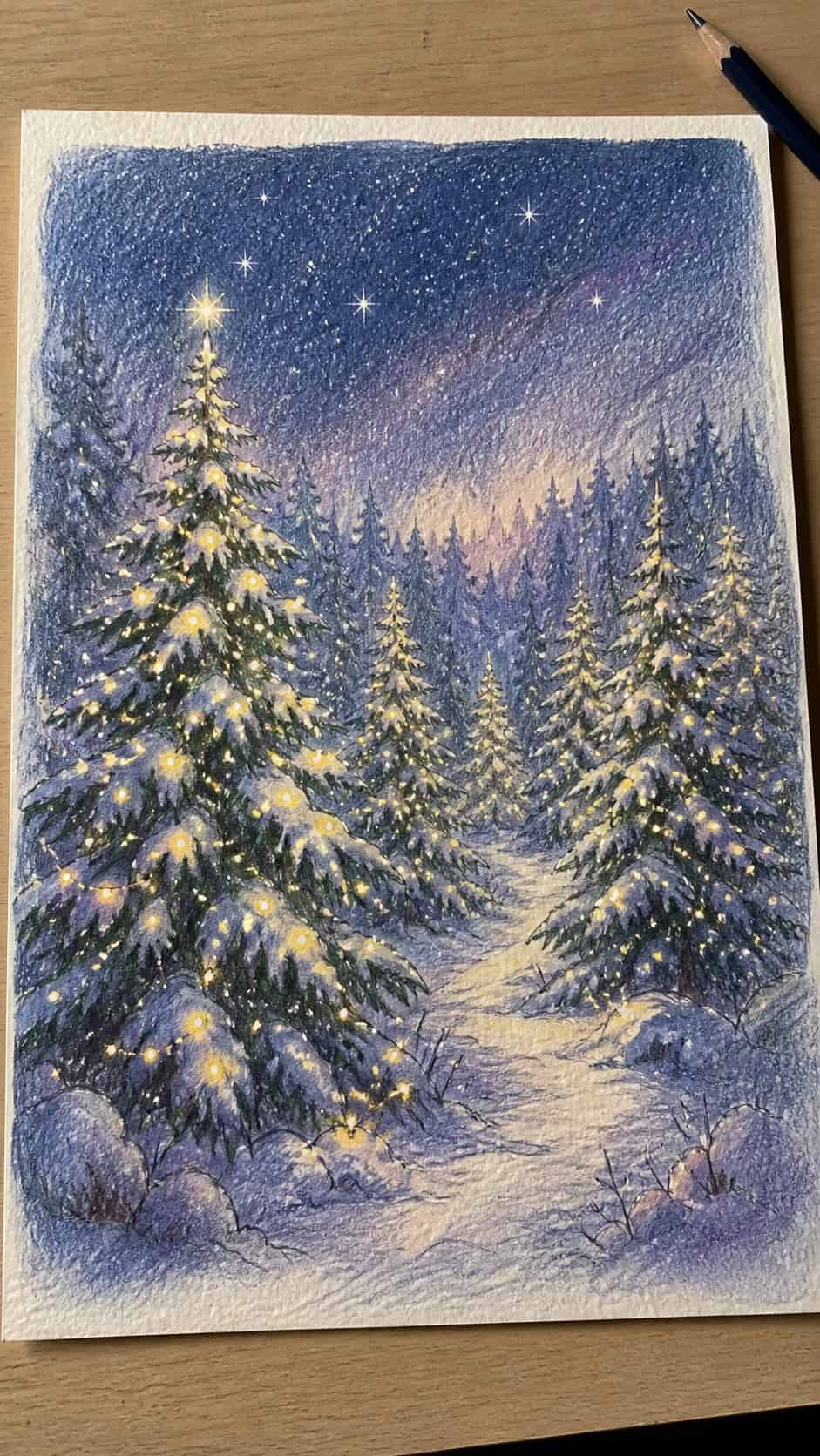 Hand-drawn twinkling christmas tree forest in colored-pencil and gouache drawing on textured paper, shown in a slightly off-center — study 2