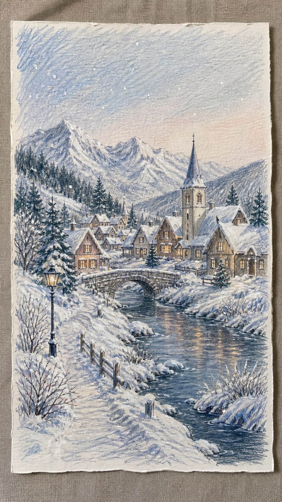 Hand-drawn frosty winter village in colored-pencil and gouache drawing on textured paper, shown in a straight overhead view — study 1