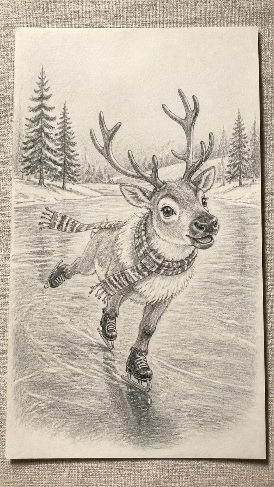 Hand-drawn playful reindeer on ice in graphite drawing on textured paper, shown in a straight overhead view — study 2