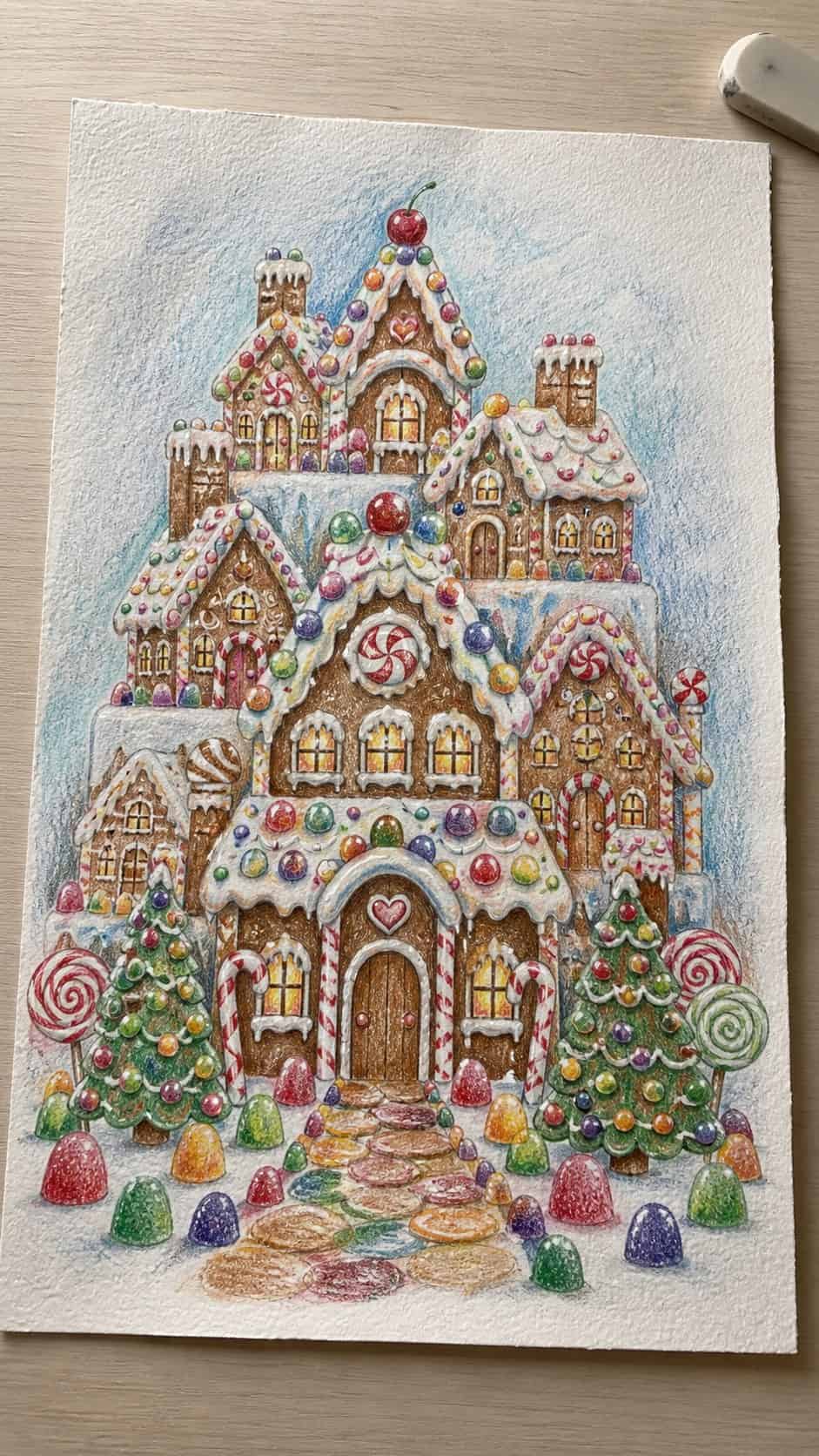 Hand-drawn gingerbread house extravaganza in colored-pencil and gouache drawing on textured paper, shown in a straight overhead view — study 1
