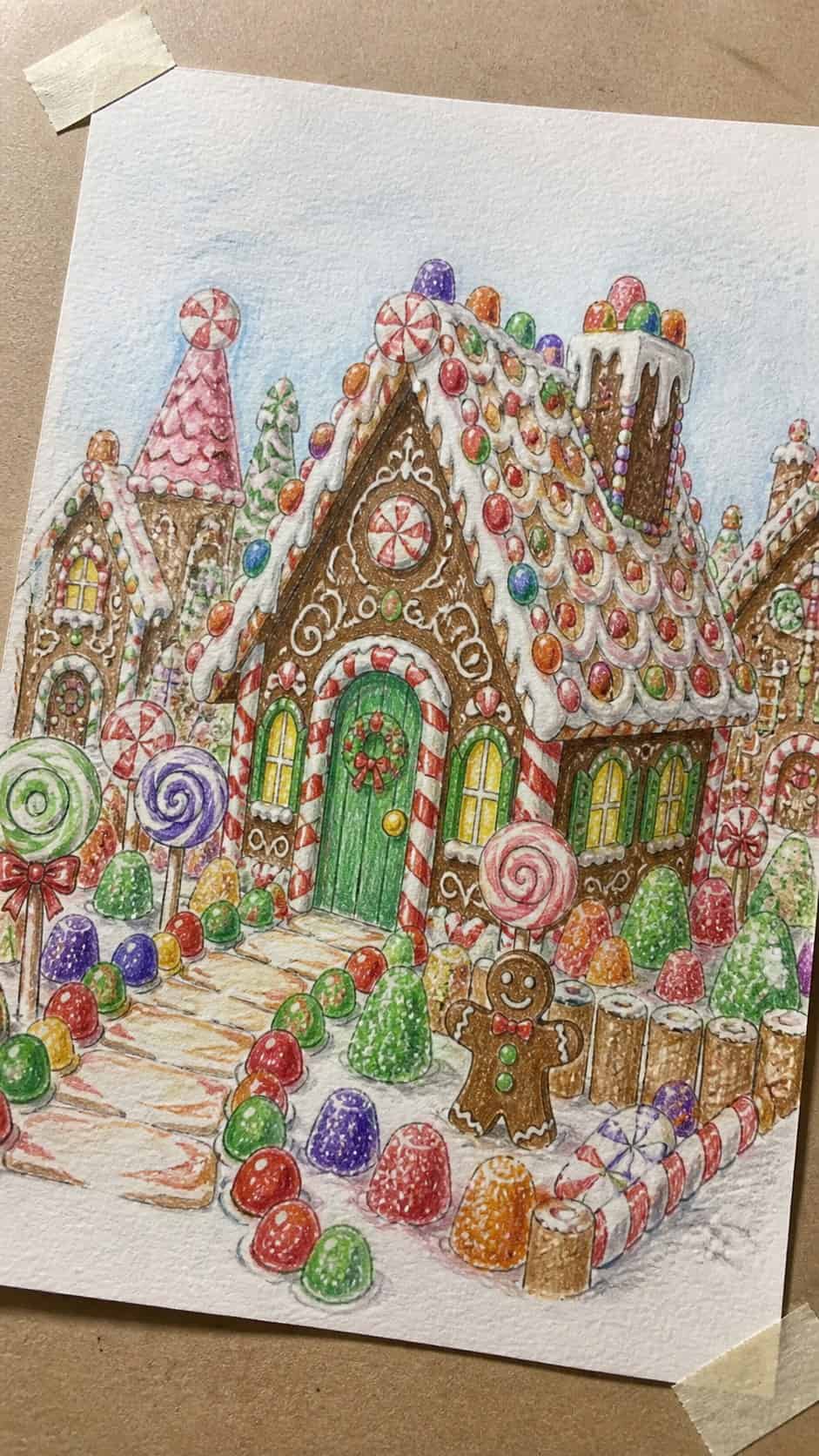Hand-drawn gingerbread house extravaganza in colored-pencil and gouache drawing on textured paper, shown in a gentle oblique desk view — study 2