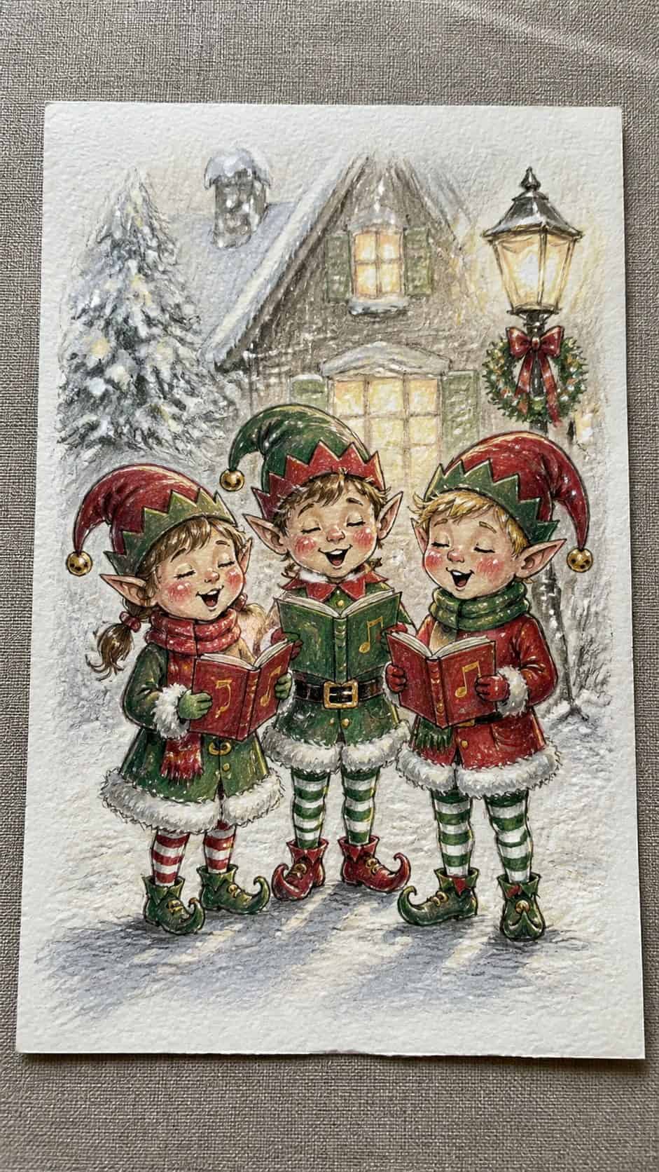 Hand-drawn caroling christmas elves in colored-pencil and gouache drawing on textured paper, shown in a slightly off-center overhead — study 1