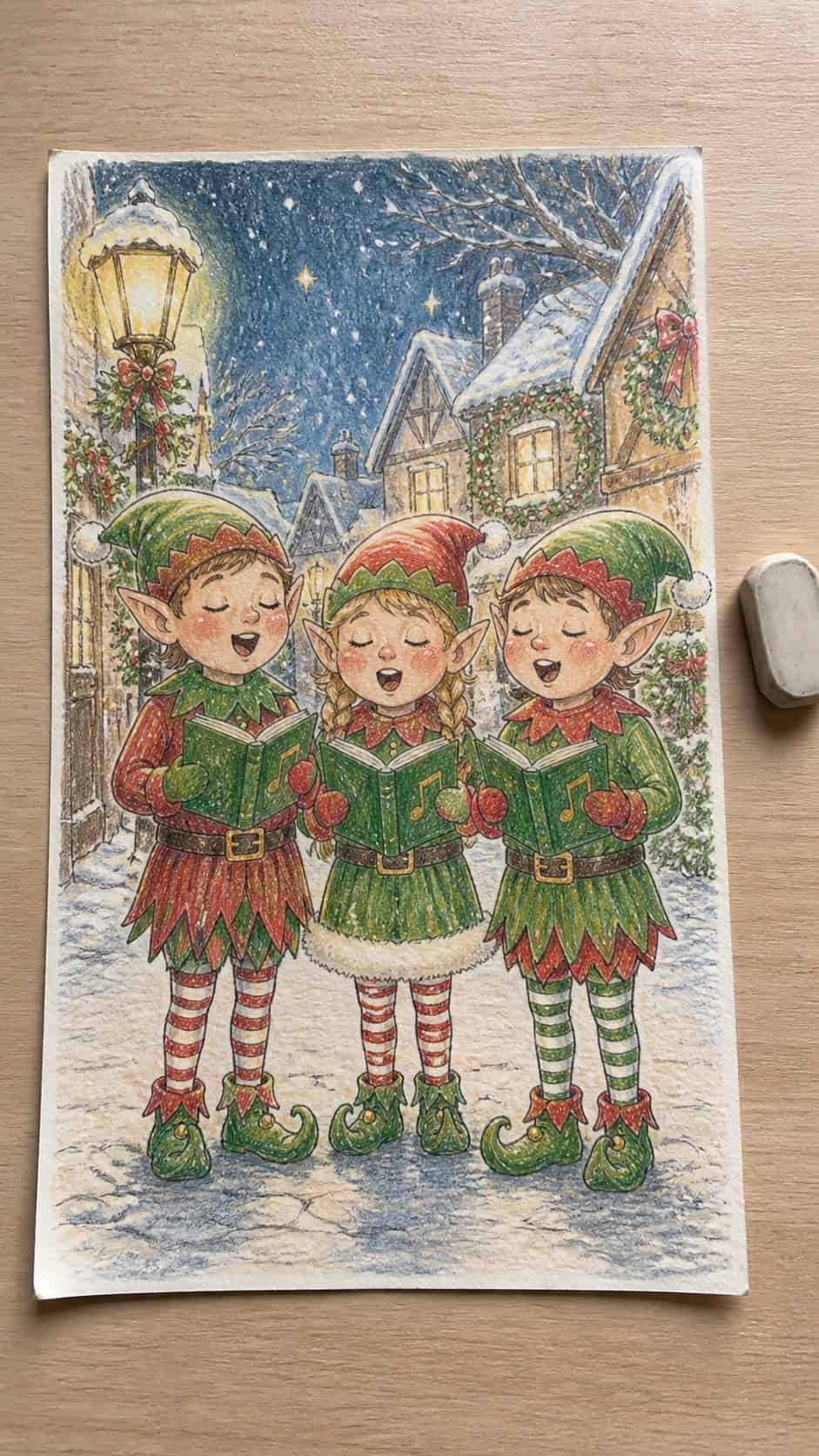 Hand-drawn caroling christmas elves in colored-pencil and gouache drawing on textured paper, shown in a straight overhead view — study 2