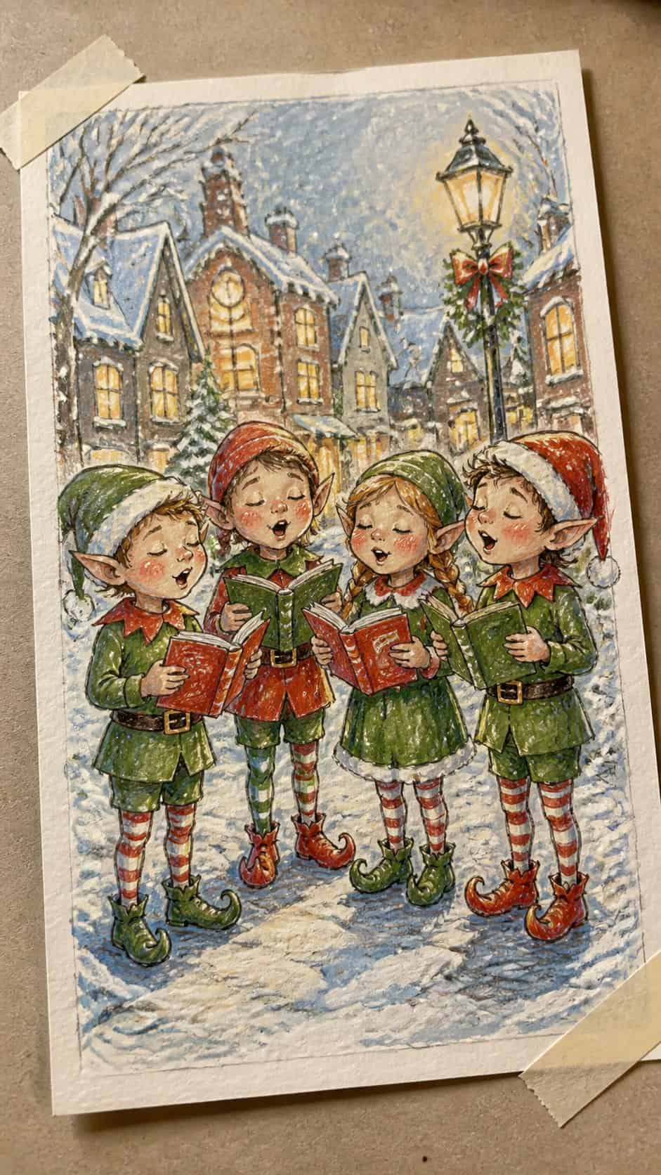 Hand-drawn caroling christmas elves in colored-pencil and gouache drawing on textured paper, shown in a gentle oblique desk view that — study 3