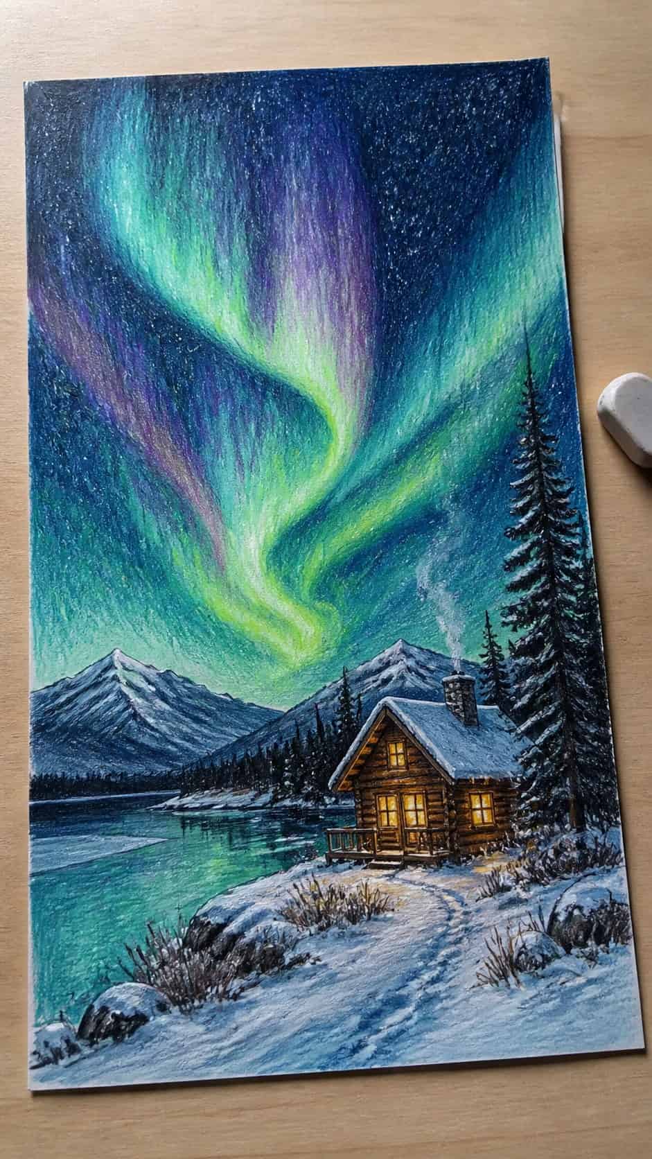 Hand-drawn magical northern lights over a cabin in colored-pencil and gouache drawing on textured paper, shown in a gentle oblique — study 1