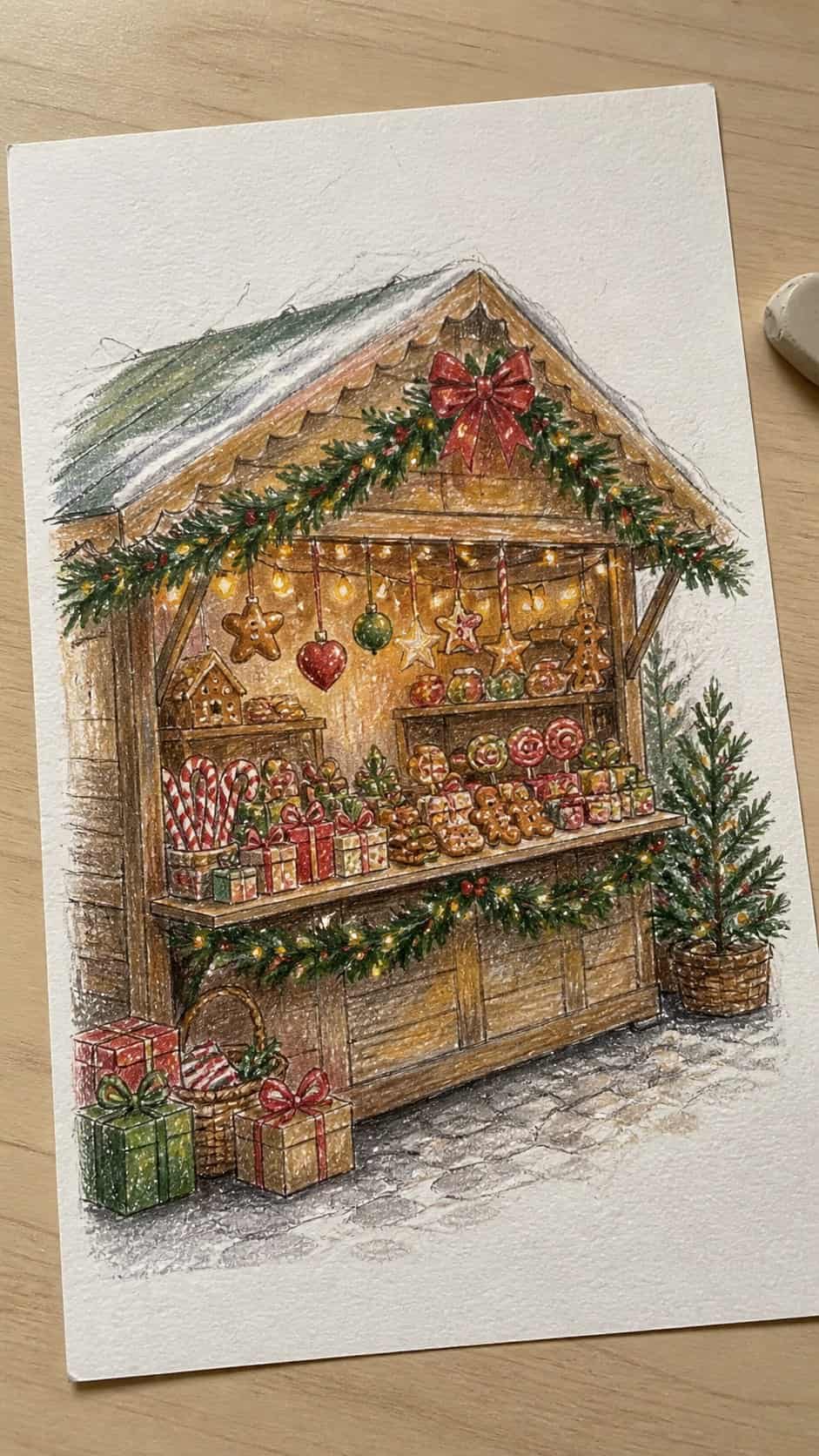 Hand-drawn whimsical christmas market stall in colored-pencil and gouache drawing on textured paper, shown in a slightly off-center — study 2