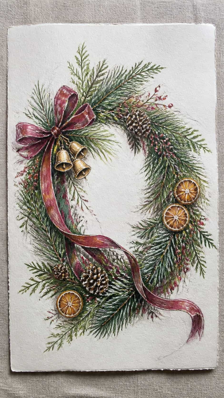 Hand-drawn festive holiday wreath in colored-pencil and gouache drawing on textured paper, shown in a straight overhead view — study 2