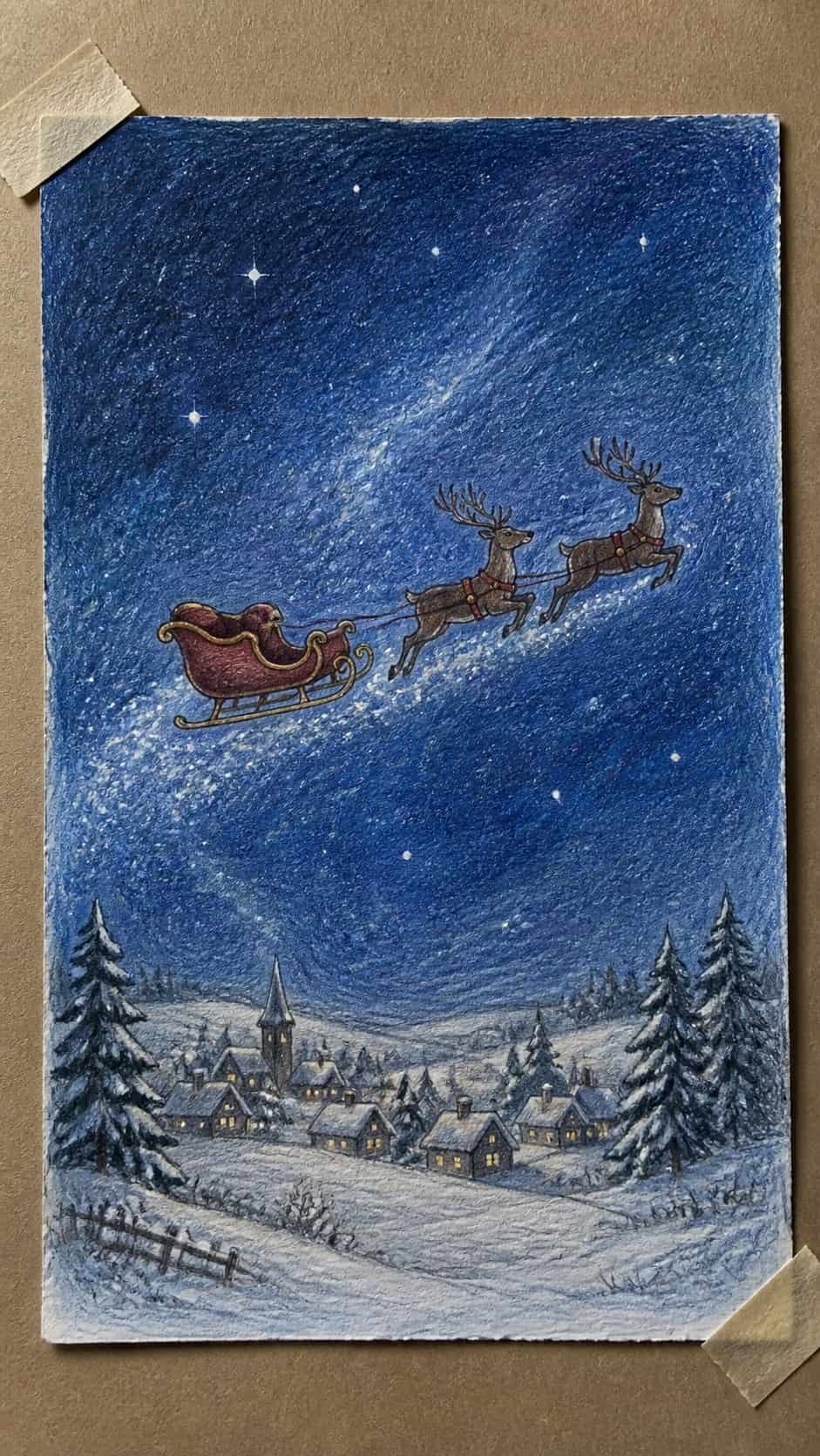 Hand-drawn sleigh ride across a starry sky in colored-pencil and gouache drawing on textured paper, shown in a straight overhead view — study 1