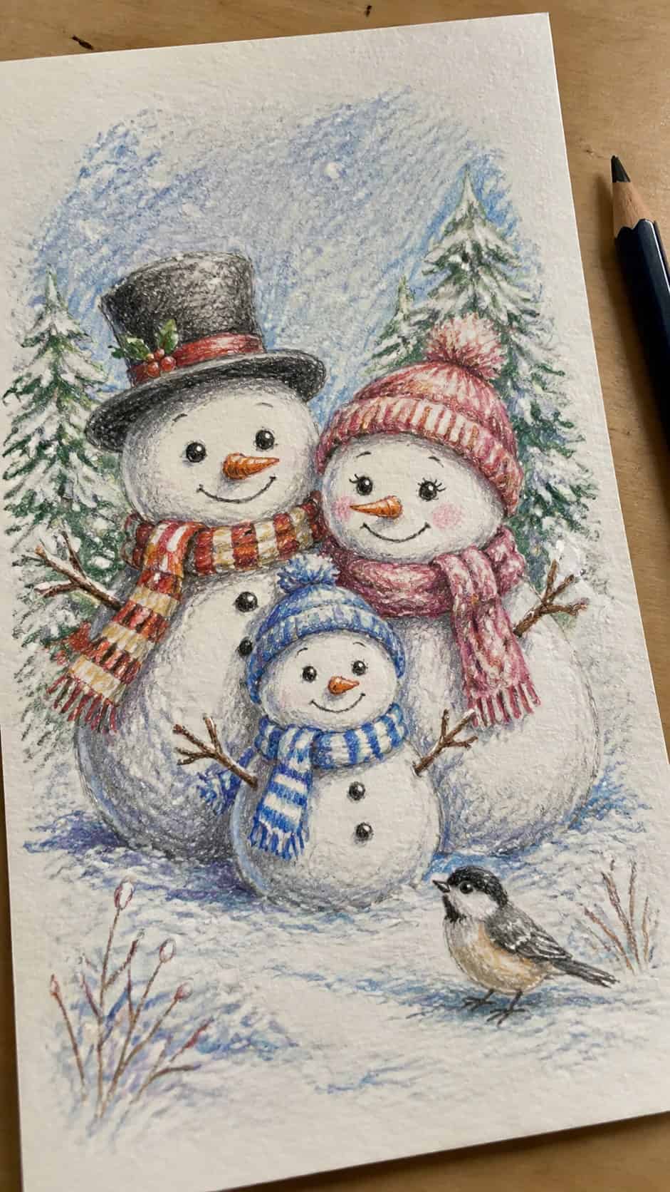 Hand-drawn adorable snowman family in colored-pencil and gouache drawing on textured paper, shown in a close overhead crop — study 2