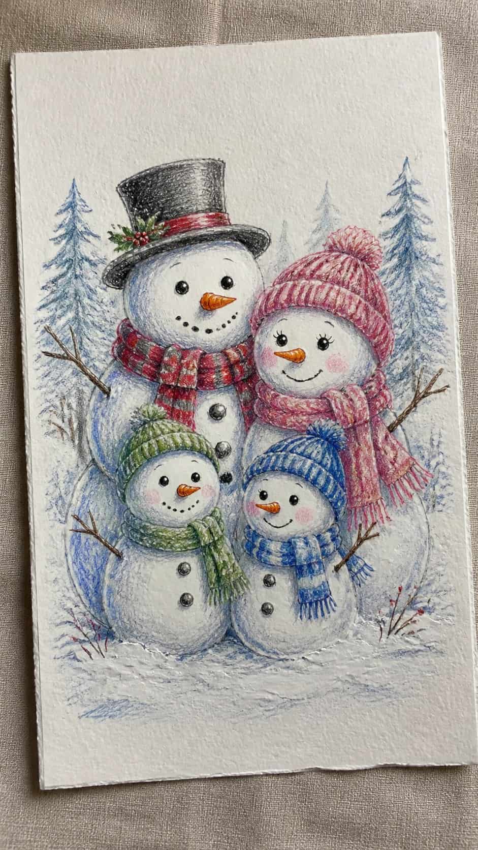 Hand-drawn adorable snowman family in colored-pencil and gouache drawing on textured paper, shown in a slightly off-center overhead — study 3
