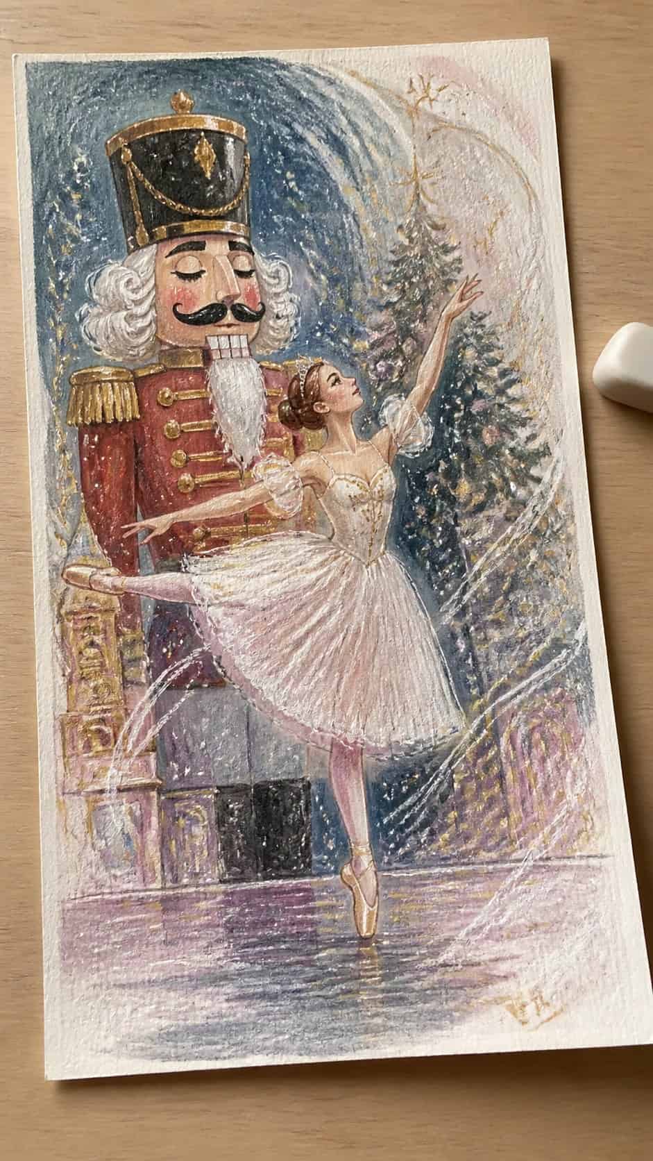 Hand-drawn nutcracker ballet dreams in colored-pencil and gouache drawing on textured paper, shown in a close overhead crop — study 1