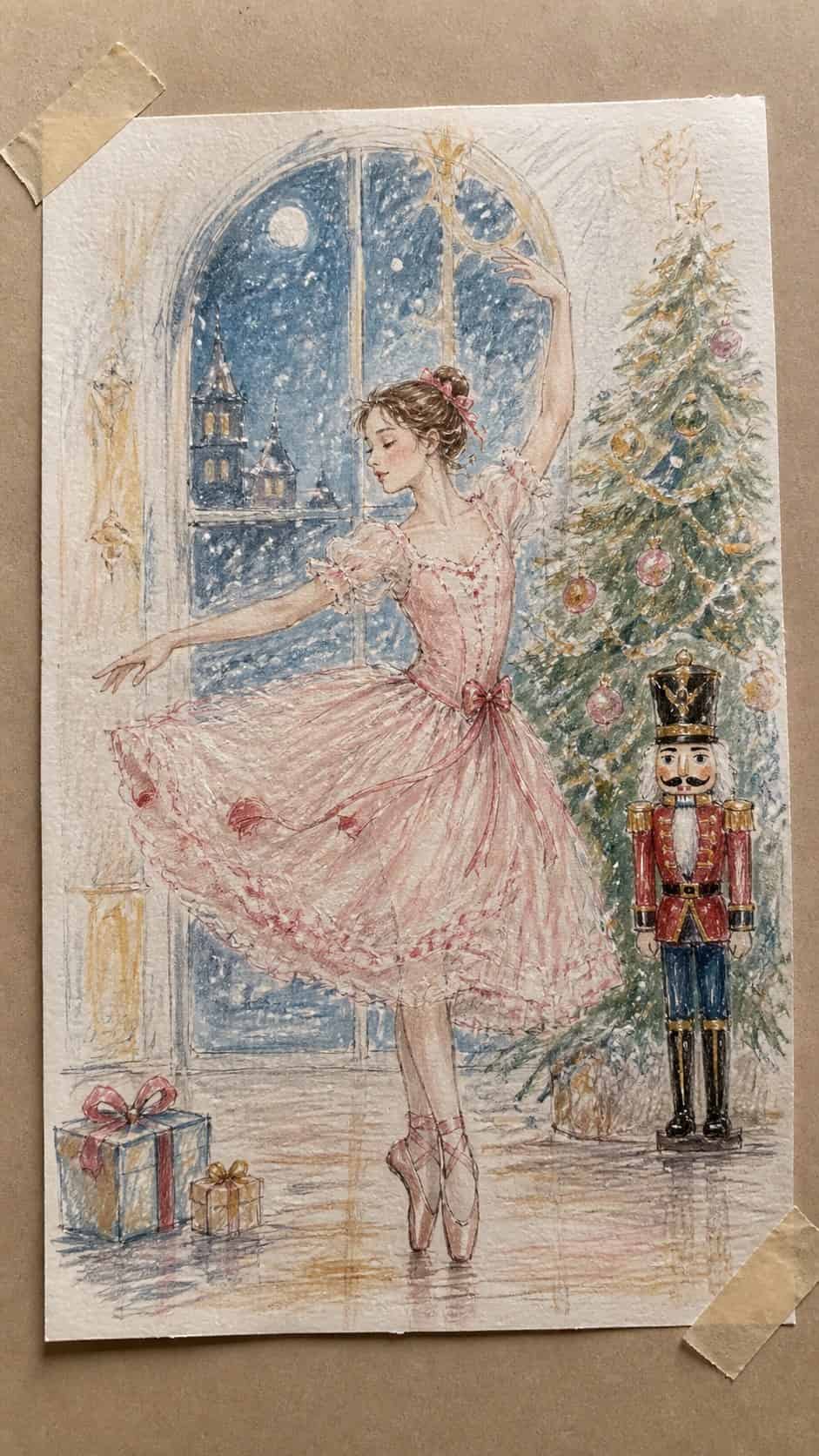 Hand-drawn nutcracker ballet dreams in colored-pencil and gouache drawing on textured paper, shown in a slightly off-center overhead — study 2