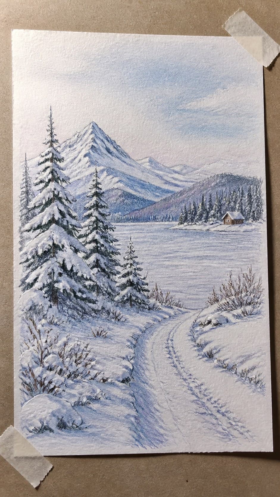 Hand-drawn peaceful winter landscape in colored-pencil and gouache drawing on textured paper, shown in a slightly off-center overhead — study 1