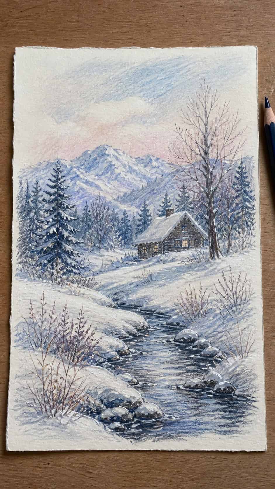 Hand-drawn peaceful winter landscape in colored-pencil and gouache drawing on textured paper, shown in a straight overhead view — study 2