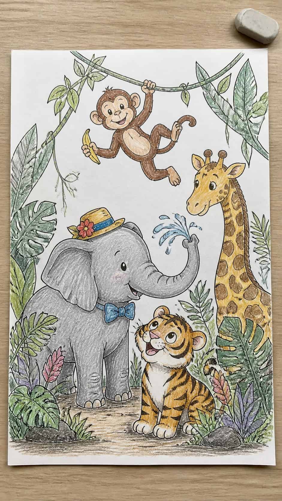 15 Easy Drawing Ideas That Keep Kids Entertained for Hours 3 Hand-drawn whimsical jungle animals in colored-pencil drawing on textured paper, shown in a straight overhead view — study 2