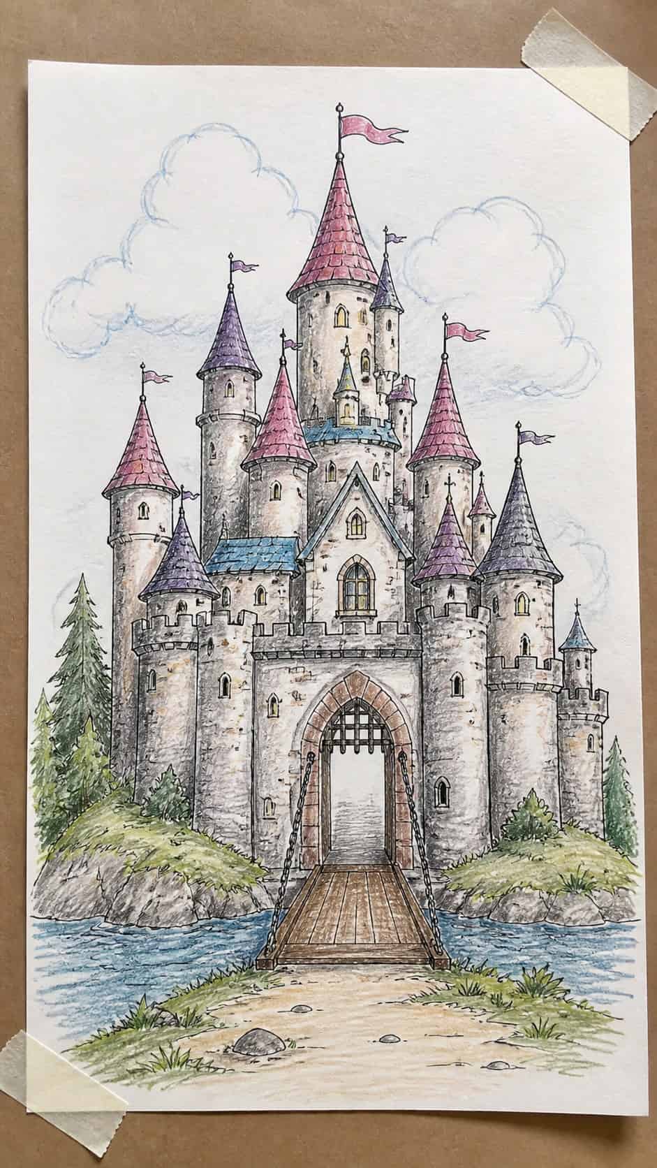 15 Easy Drawing Ideas That Keep Kids Entertained for Hours 4 Hand-drawn magical fairytale castles in colored-pencil drawing on textured paper, shown in a straight overhead view — study 1