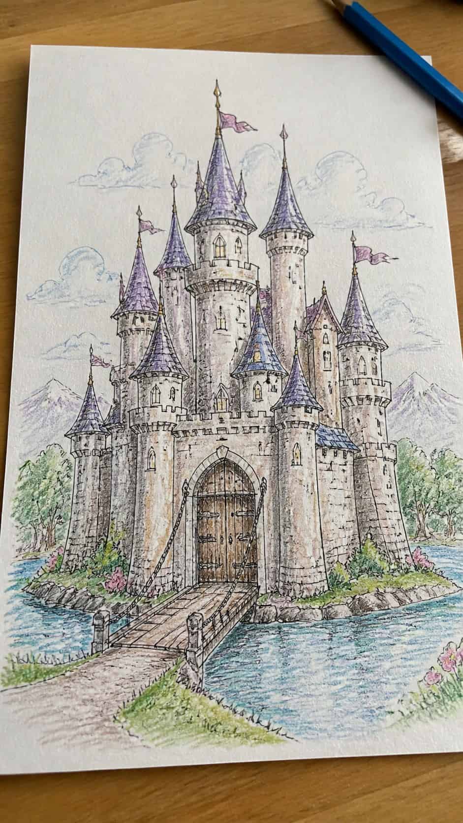 15 Easy Drawing Ideas That Keep Kids Entertained for Hours 5 Hand-drawn magical fairytale castles in colored-pencil drawing on textured paper, shown in a gentle oblique desk view that shows paper — study 2