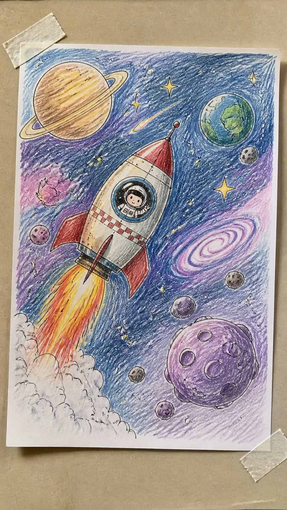 15 Easy Drawing Ideas That Keep Kids Entertained for Hours 6 Hand-drawn imaginary space adventures in colored-pencil drawing on textured paper, shown in a slightly off-center overhead — study 1