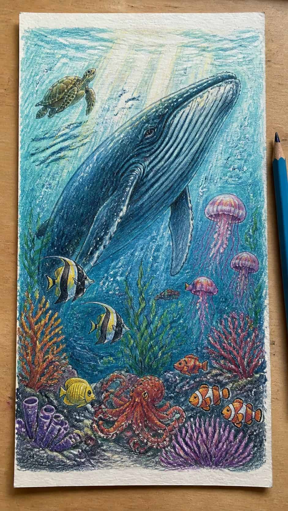 15 Easy Drawing Ideas That Keep Kids Entertained for Hours 8 Hand-drawn fantastic sea life in colored-pencil and gouache drawing on textured paper, shown in a straight overhead view — study 1