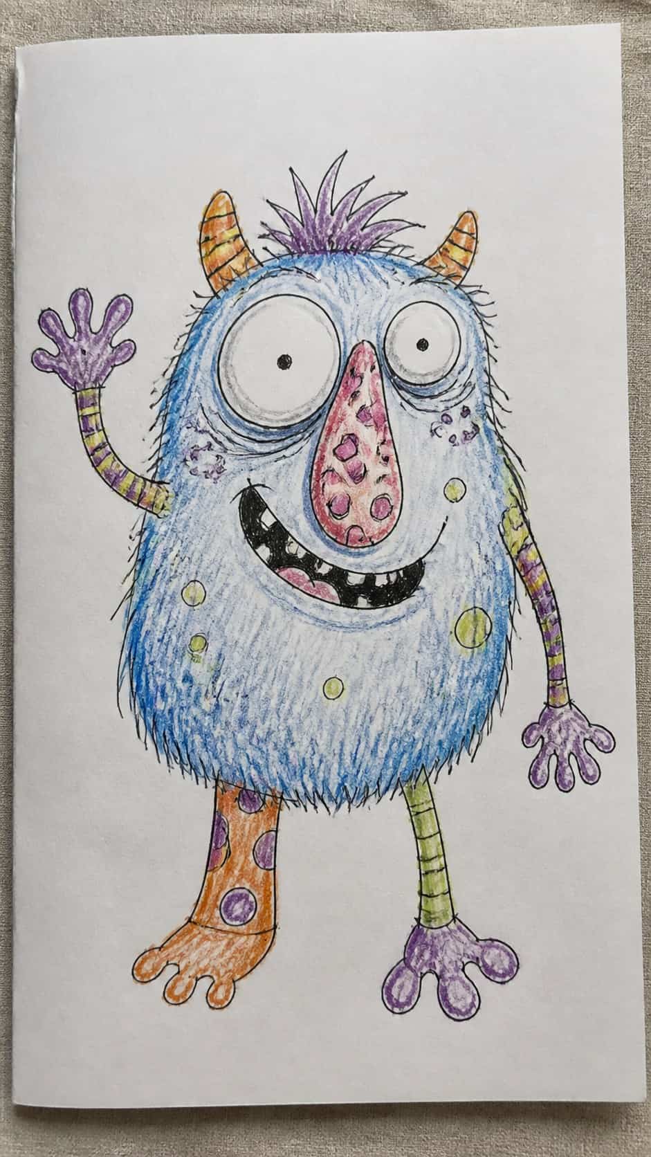 15 Easy Drawing Ideas That Keep Kids Entertained for Hours 11 Hand-drawn silly monster creations in ink and colored-pencil drawing on textured paper, shown in a slightly off-center overhead — study 1