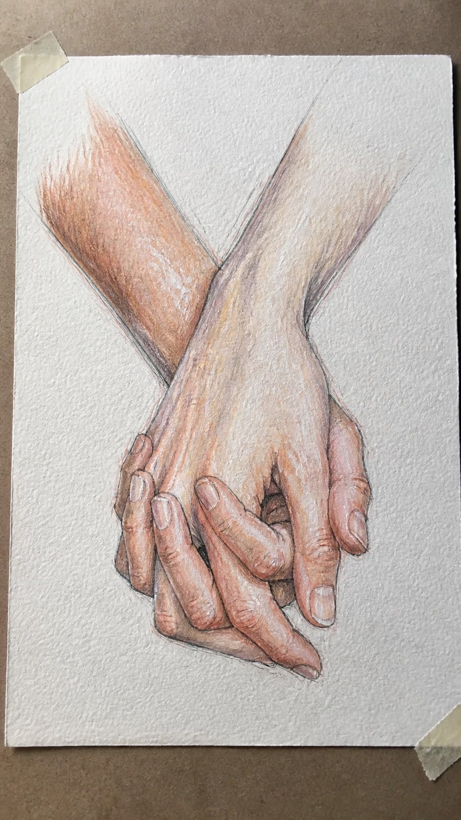 Unlock Your Heart: 18 Romantic Drawing Ideas That Capture Love Perfectly 5 Hand-drawn intertwined hands in colored-pencil and gouache drawing on textured paper, shown in a gentle oblique desk view that shows — study 1