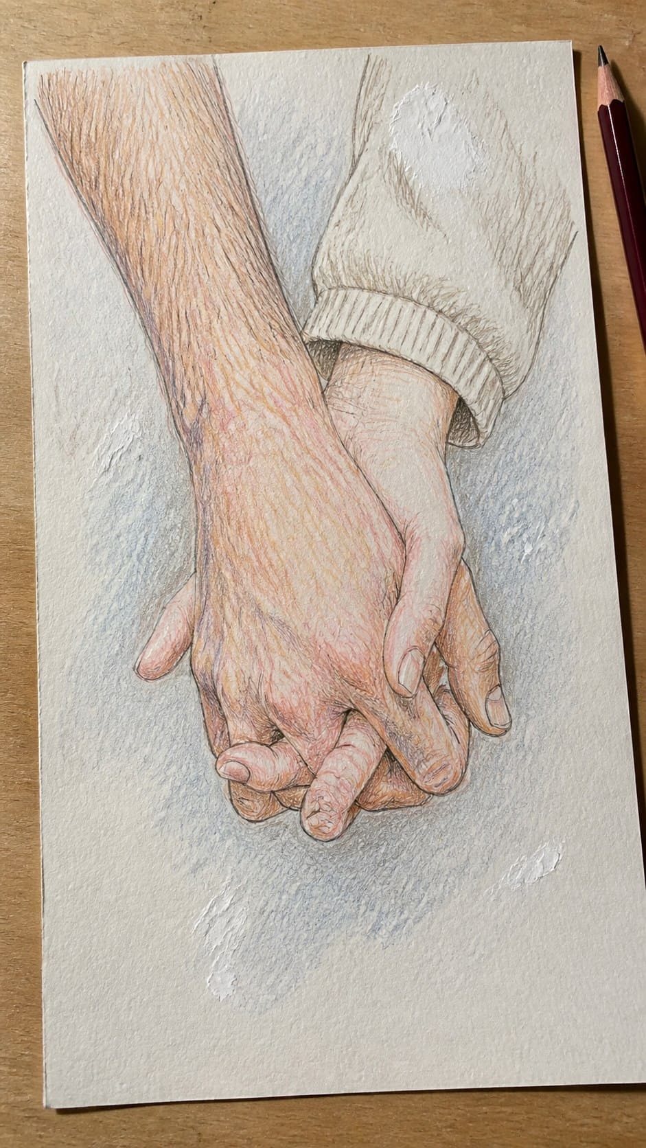 Unlock Your Heart: 18 Romantic Drawing Ideas That Capture Love Perfectly 6 Hand-drawn intertwined hands in colored-pencil and gouache drawing on textured paper, shown in a close overhead crop — study 2