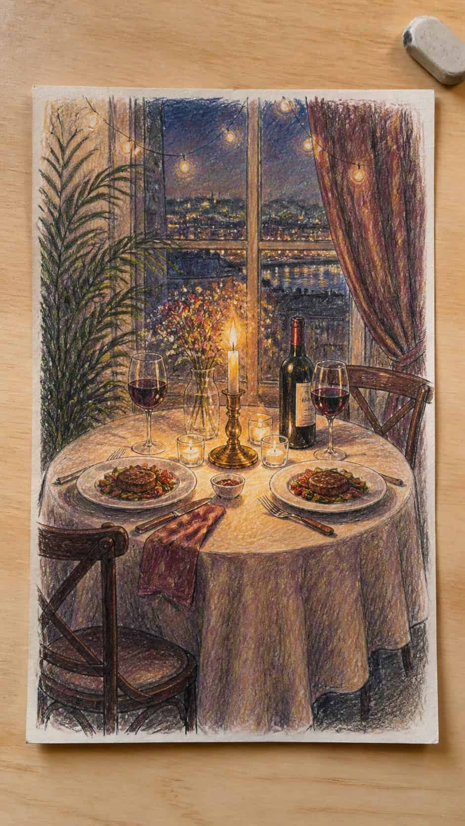Unlock Your Heart: 18 Romantic Drawing Ideas That Capture Love Perfectly 10 Hand-drawn candlelit dinner for two in colored-pencil and gouache drawing on textured paper, shown in a straight overhead view — study 2