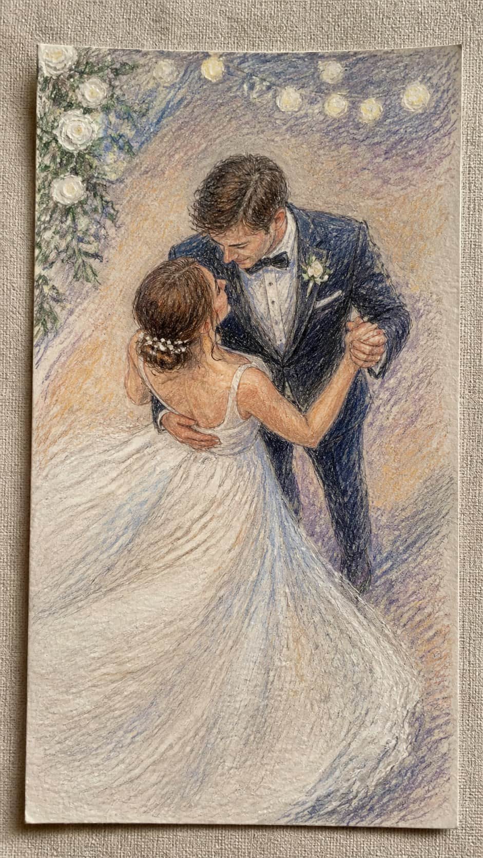 Unlock Your Heart: 18 Romantic Drawing Ideas That Capture Love Perfectly 16 Hand-drawn first dance in colored-pencil and gouache drawing on textured paper, shown in a close overhead crop — study 1