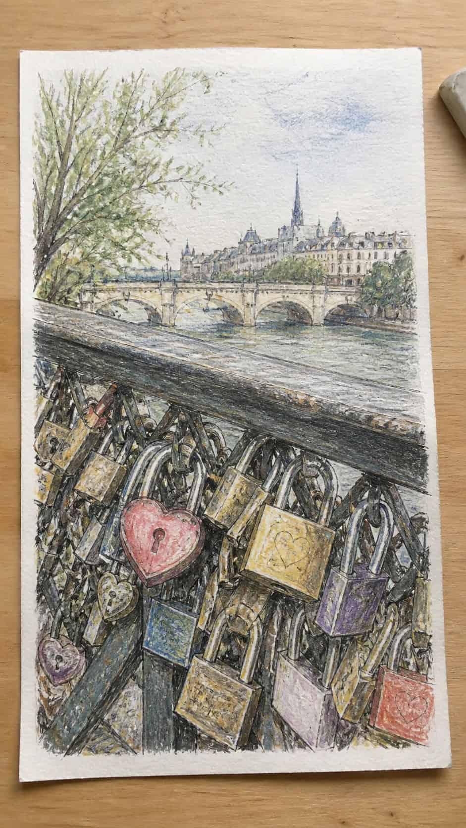 Unlock Your Heart: 18 Romantic Drawing Ideas That Capture Love Perfectly 22 Hand-drawn love locks on a bridge in colored-pencil and gouache drawing on textured paper, shown in a straight overhead view — study 2