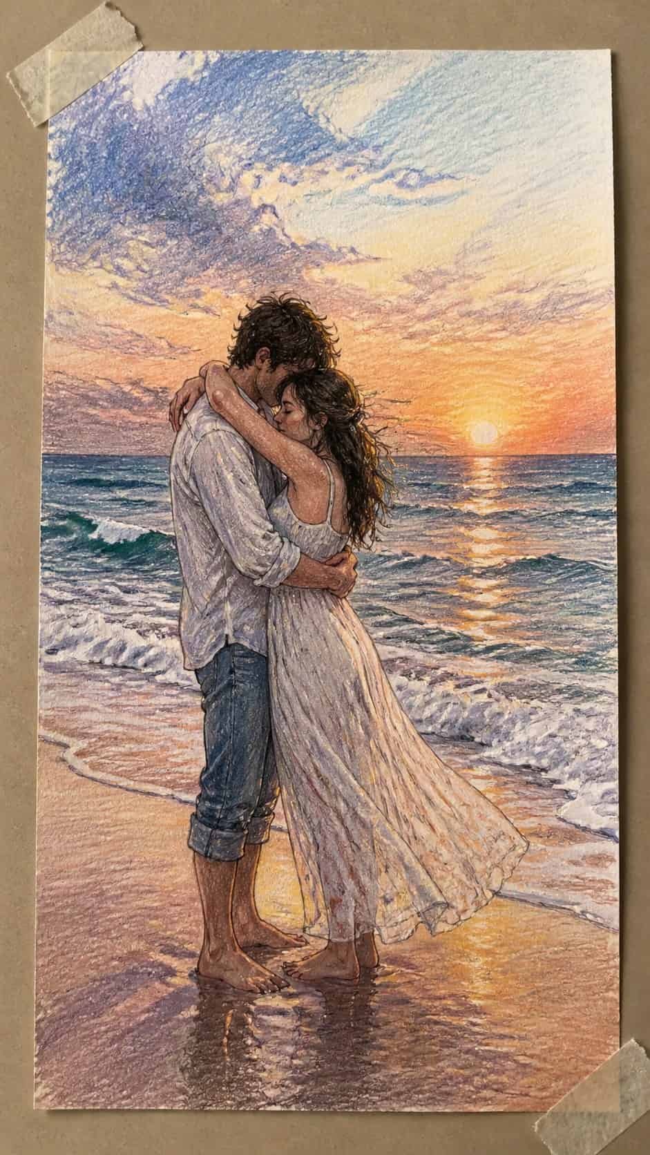 Unlock Your Heart: 18 Romantic Drawing Ideas That Capture Love Perfectly 28 Hand-drawn seaside embrace in colored-pencil and gouache drawing on textured paper, shown in a straight overhead view — study 2