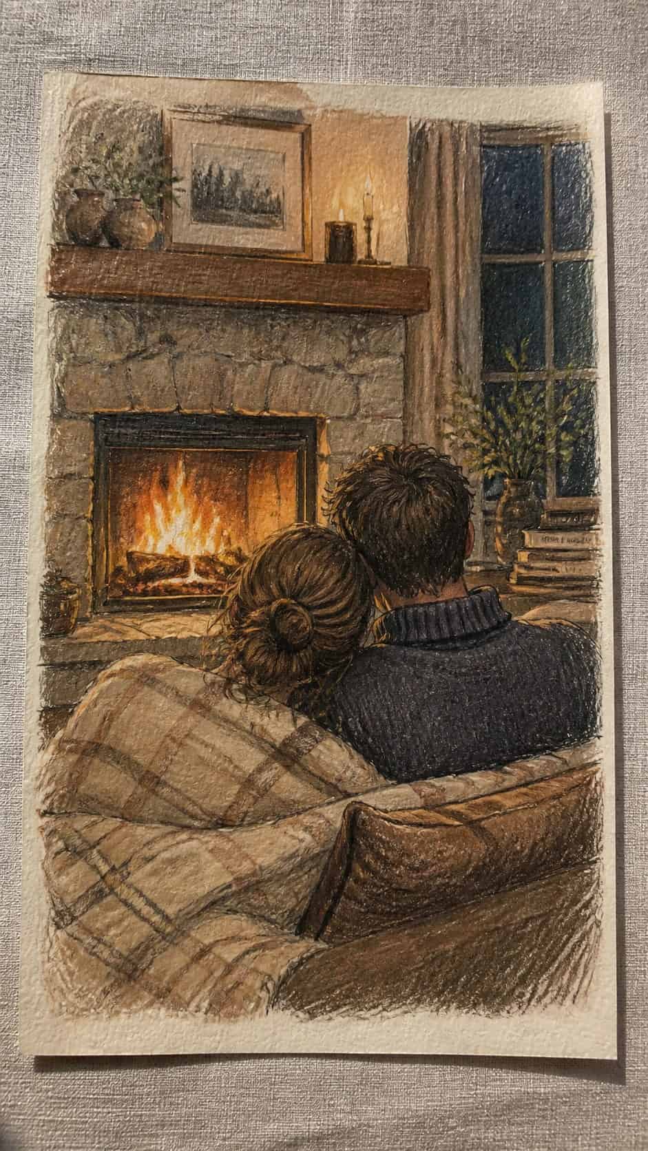 Unlock Your Heart: 18 Romantic Drawing Ideas That Capture Love Perfectly 31 Hand-drawn cozy fireplace moment in colored-pencil and gouache drawing on textured paper, shown in a straight overhead view — study 1