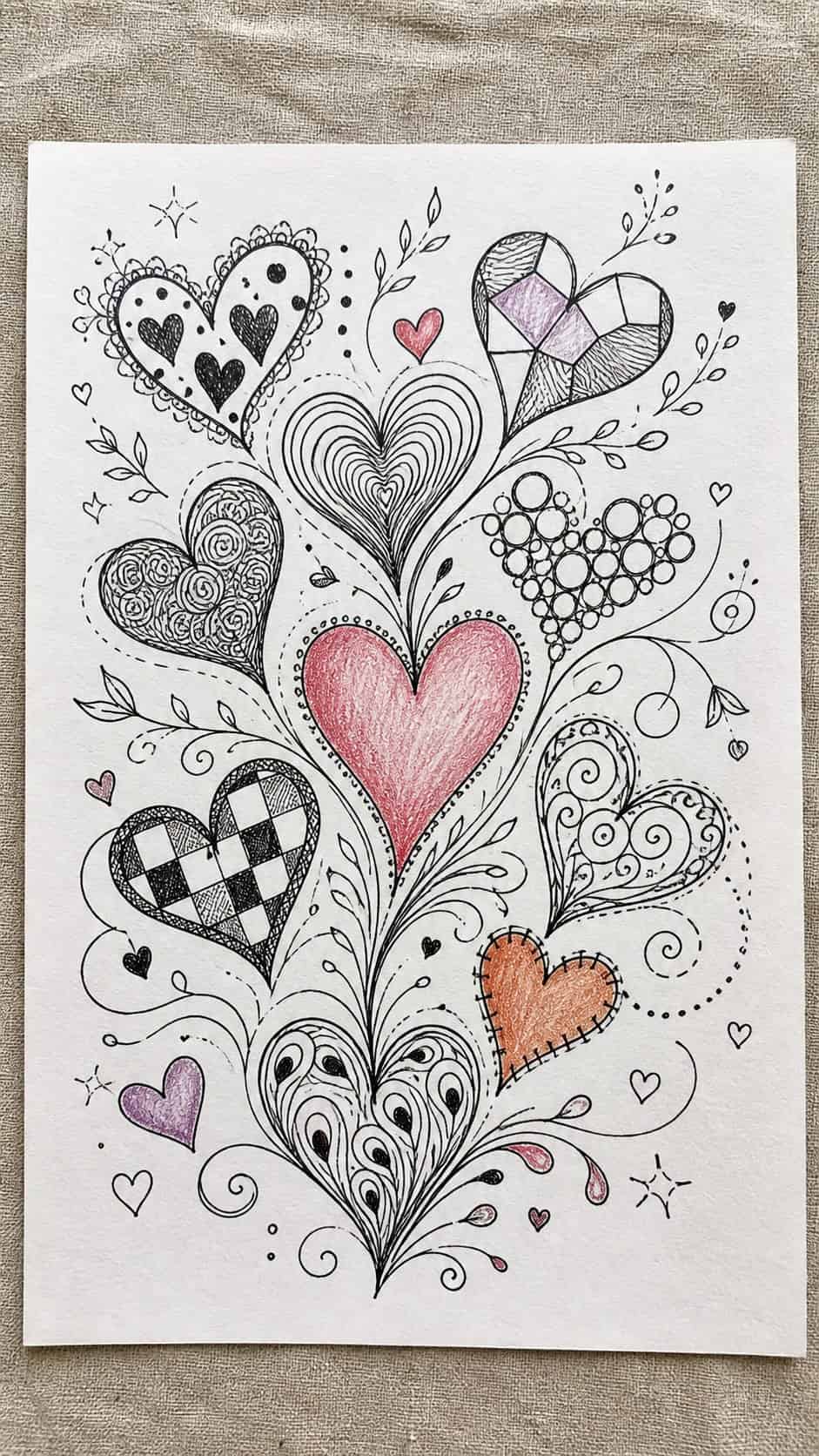 Unlock Your Heart: 18 Romantic Drawing Ideas That Capture Love Perfectly 37 Hand-drawn artistic heart doodles in ink and colored-pencil drawing on textured paper, shown in a straight overhead view — study 2