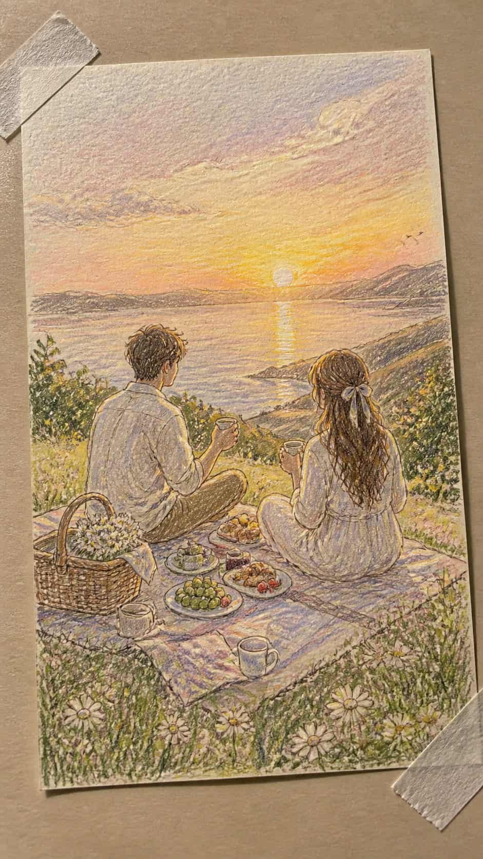 Unlock Your Heart: 18 Romantic Drawing Ideas That Capture Love Perfectly 38 Hand-drawn sunrise picnic in colored-pencil and gouache drawing on textured paper, shown in a gentle oblique desk view that shows — study 1