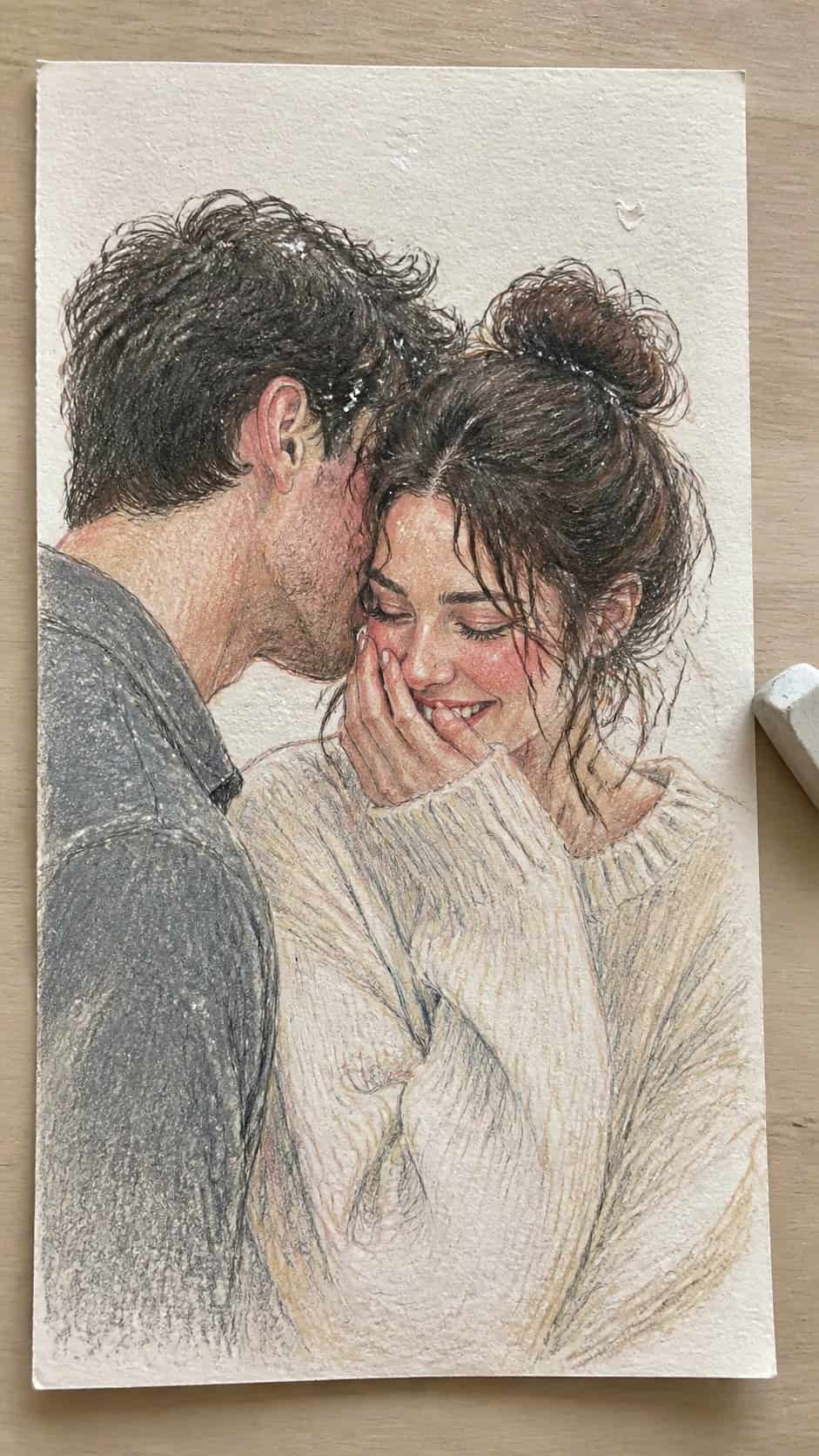 Unlock Your Heart: 18 Romantic Drawing Ideas That Capture Love Perfectly 42 Hand-drawn whispering sweet nothings in colored-pencil and gouache drawing on textured paper, shown in a straight overhead view — study 2