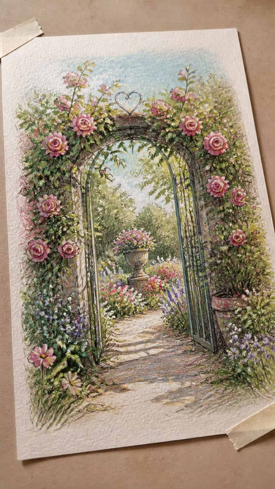Unlock Your Heart: 18 Romantic Drawing Ideas That Capture Love Perfectly 43 Hand-drawn garden of love in colored-pencil and gouache drawing on textured paper, shown in a gentle oblique desk view that shows — study 1