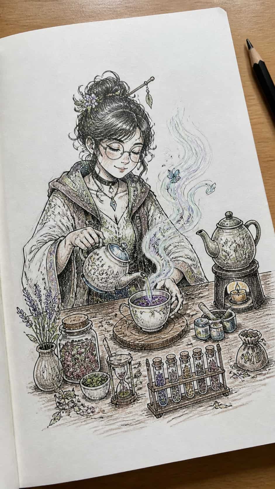 Hand-drawn magical tea alchemist in ink and colored-pencil drawing on textured paper, shown in a gentle oblique desk view that shows — study 2