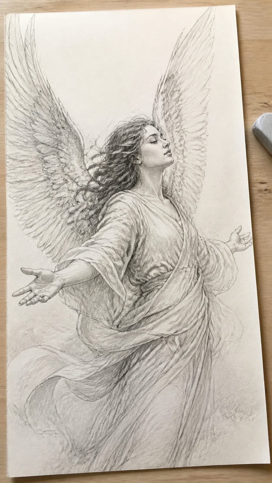 Hand-drawn angelic visions in graphite drawing on textured paper, shown in a close overhead crop — study 3