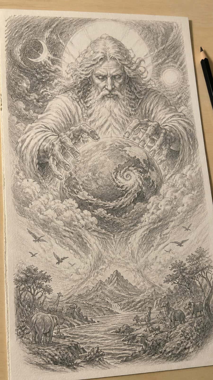 Hand-drawn creation of the world in graphite drawing on textured paper, shown in a close overhead crop — study 1