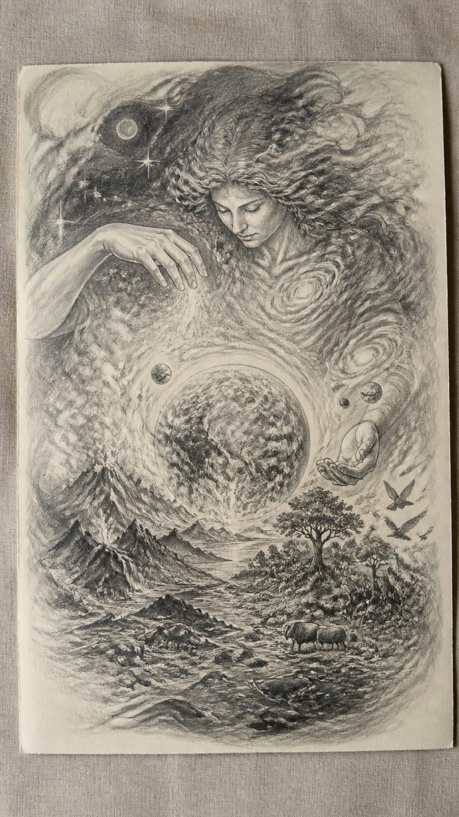 Hand-drawn creation of the world in graphite drawing on textured paper, shown in a slightly off-center overhead composition, like an — study 2