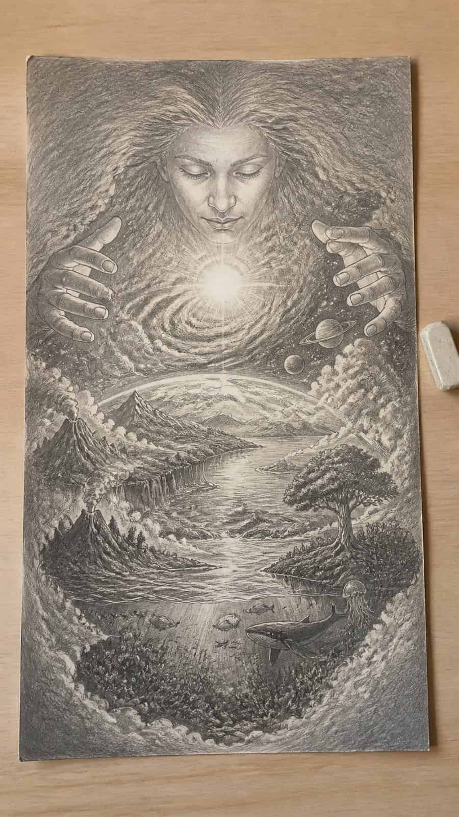 Hand-drawn creation of the world in graphite drawing on textured paper, shown in a straight overhead view — study 3