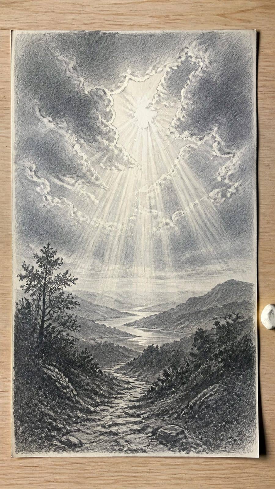Hand-drawn divine light in graphite drawing on textured paper, shown in a straight overhead view — study 2