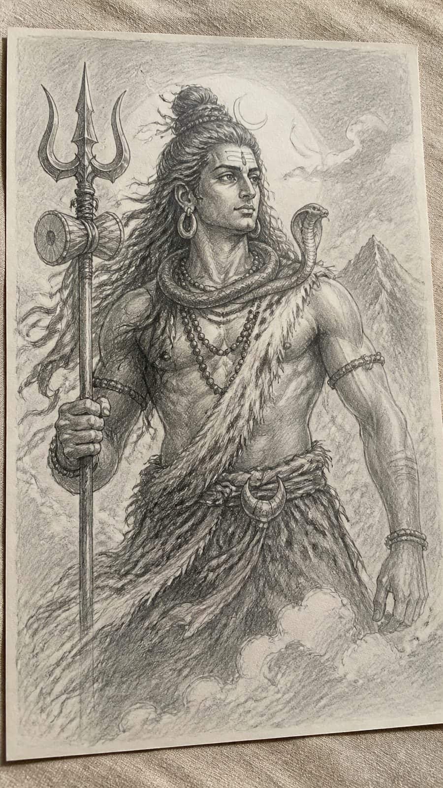 Hand-drawn mythical gods in graphite drawing on textured paper, shown in a gentle oblique desk view that shows paper tooth and shallow — study 1